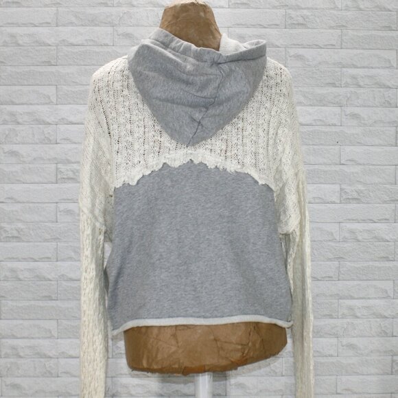 GIMMICKS Sweater Sweatshirt Hoodie Mixed Media Knit Cropped Top Lace Gray Cream - Picture 4 of 11